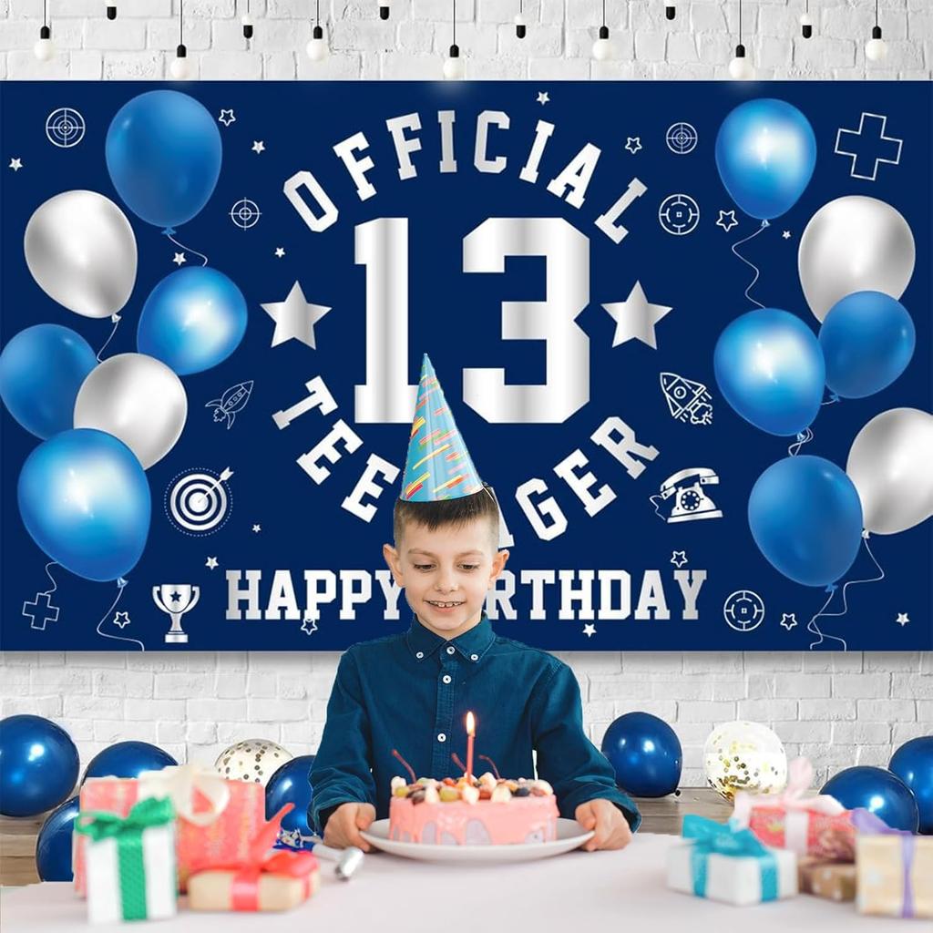 Happy 13th Birthday Decorations Large Official Teenager Backdrop Banner for Boys Girls Navy Blue White 13 Year Old Birthday Party Photo Props Decor