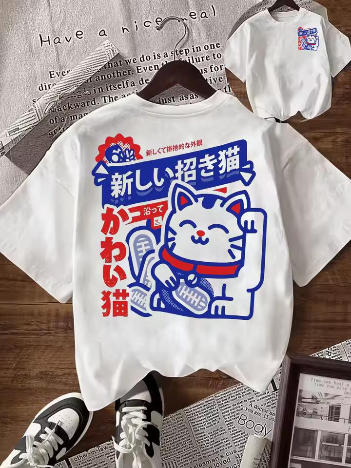 Japanese Maneki Neko Lucky Cat T-Shirt Kawaii Graphic Tee Summer Short Sleeve Harajuku Streetwear Fashion Unisex Trendy Tops