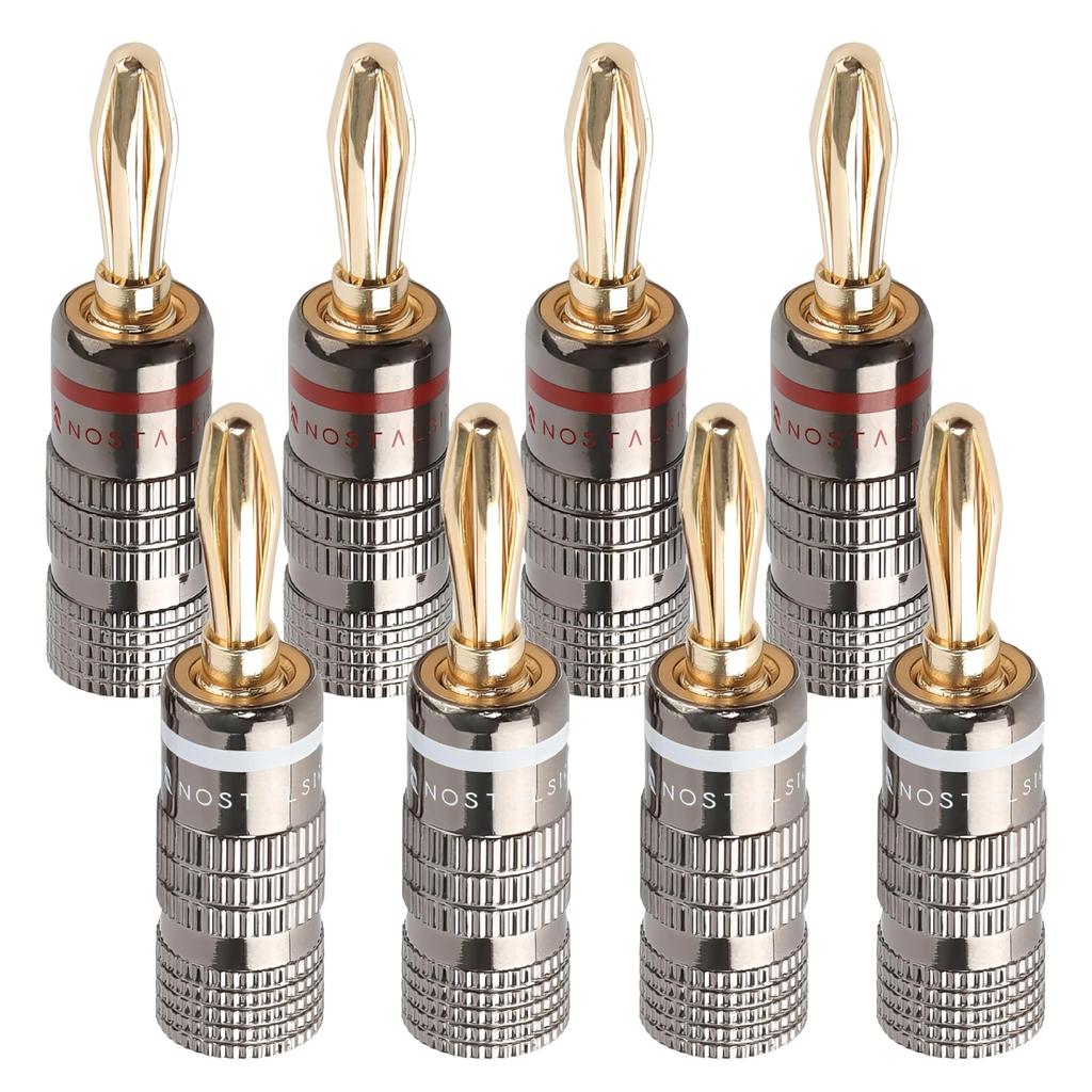 НОСТАЛЬГИЧЕСКИЕ Банановые разъемы Красный Белый Комплект Беспаечные 24k Золотое покрытие Легкая установка Двойная винтовая фиксация Совместимы с 12AWG до 18AWG Для Аудио