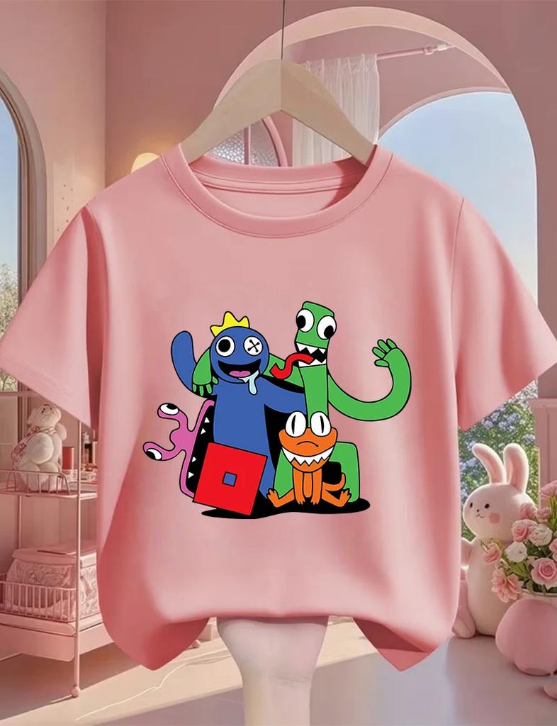 Rainbow friend cartoon pattern boy and girl summer cute round neck fashionable casual short sleeved top
