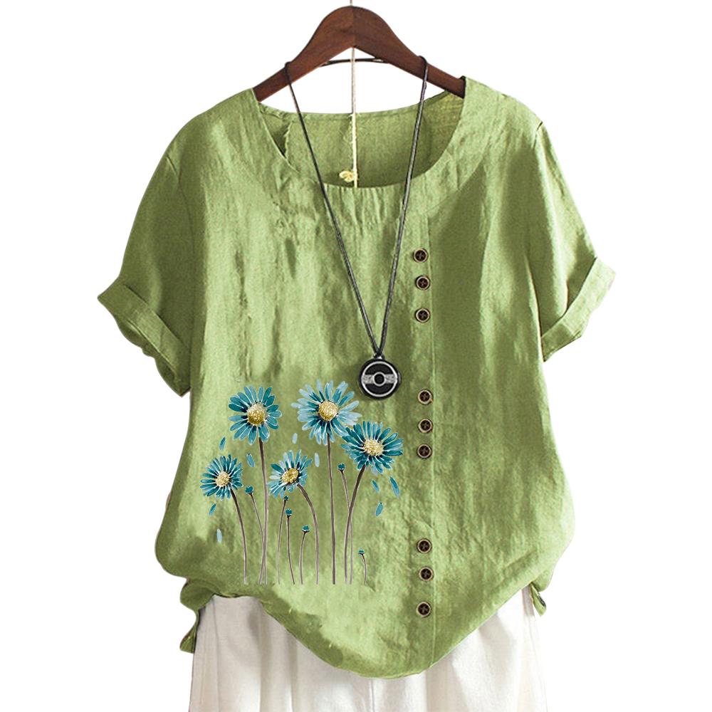 Trendy Ladies' Short Sleeve Top with 11 Colorful Floral Patterns and Round Neck