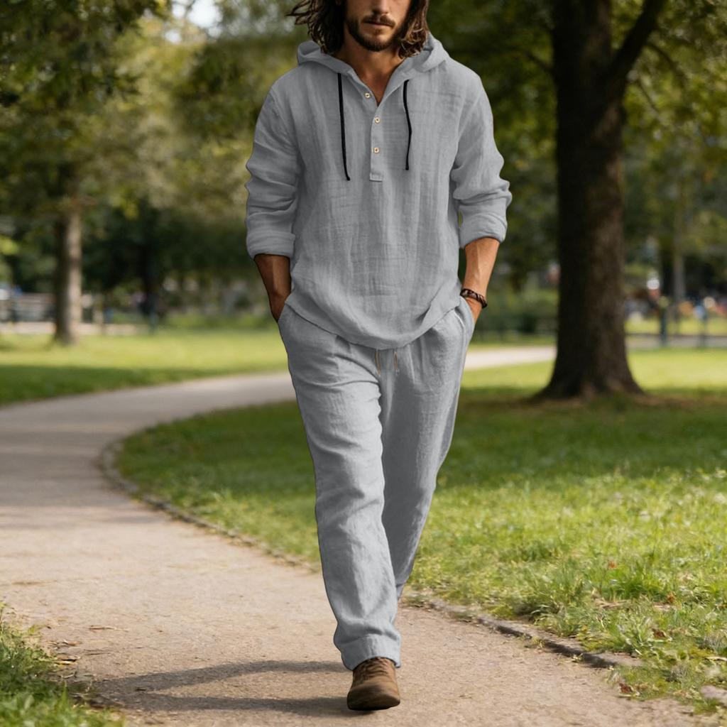 Мужской повседневный льняной комплект, Рубашка на пуговицах, Брюки с эластичным поясом и кулиской, Свободные, Удобный комплект из двух предметов