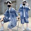 Мальчиковый джинсовый костюм летний детский с коротким рукавом рубашка шорты спортивный корейский костюм комплекты детский костюм