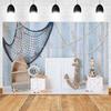 Nautical theme baby party background for photography, sailboat, boat, starfish, wooden board, sailor portrait, Photo background