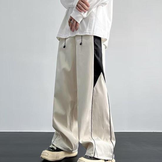 Мужские спортивные штаны с широкими штанинами, свободные шнурки, эластичная талия, прямые контрастные цвета, мягкие дышащие, с глубокой промежностью, спортивные длинные брюки для бега во всю длину