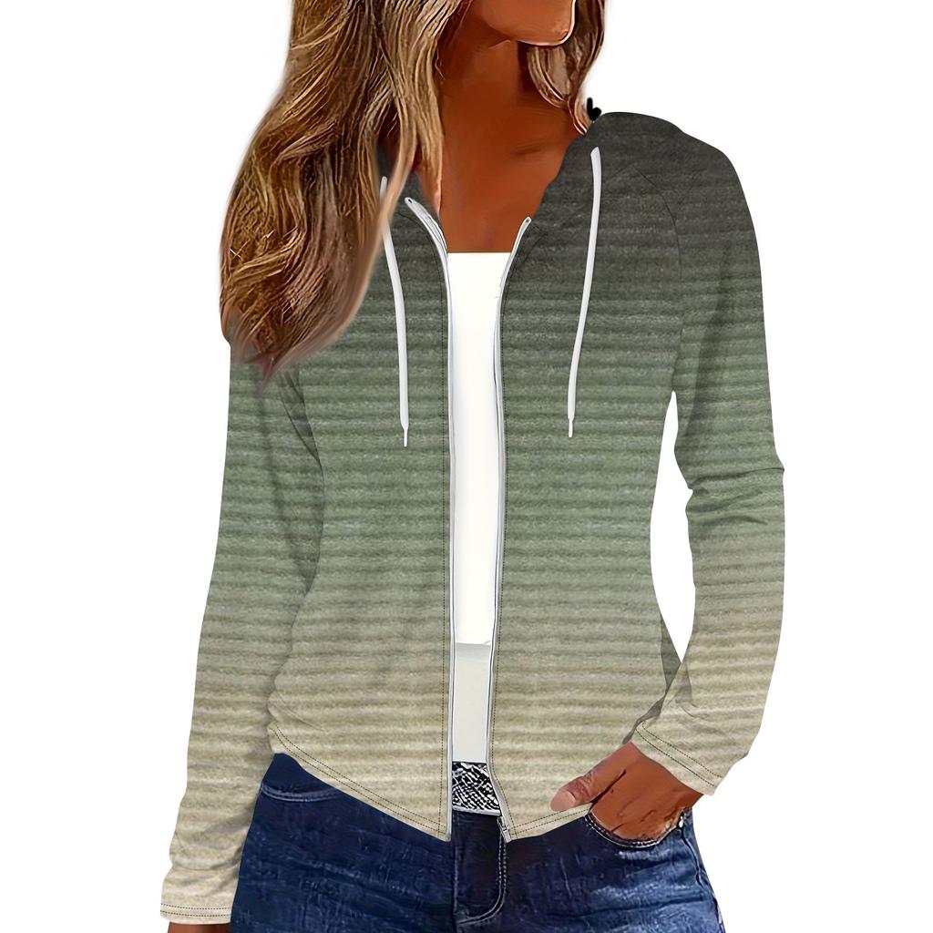 Women's Fashion Casual Zip Up Hooded Print Long Sleeve Sweatshirts Coat
