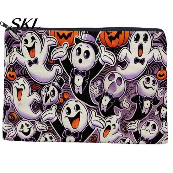 Portable Storage Bag Halloween Bag, with Colorful Cartoon Ghost Print, Durable Canvas Pouch Makeup Zipper Large Capacity Lightweight Travel