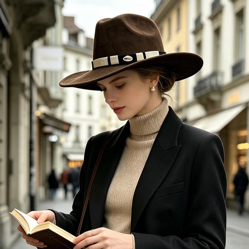 European and American fashion hats Western retro cowboy hats Fashion versatile woolen jazz hats Big brim etiquette felt hats