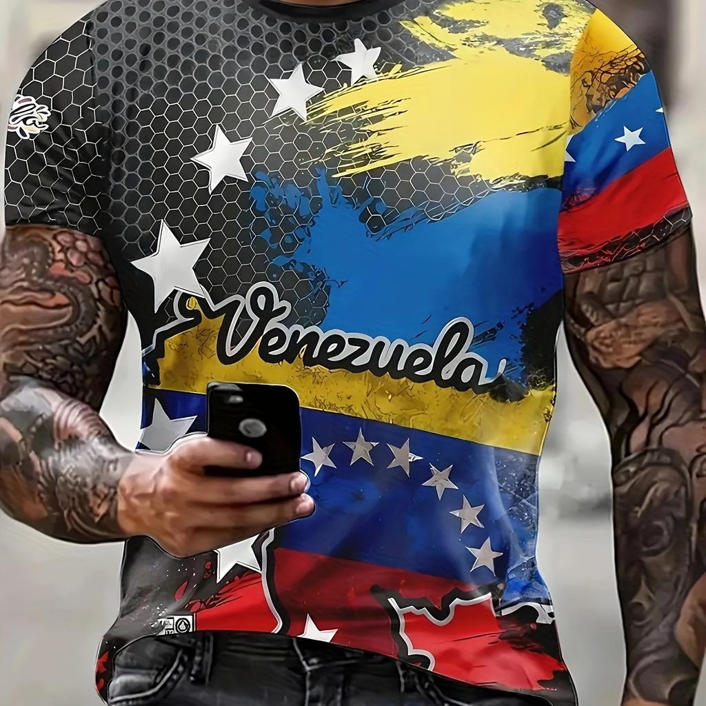 3D Men's Venezuela Printed T-Shirt - Polyester Spandex Crew Neck Machine Washable Casual Style