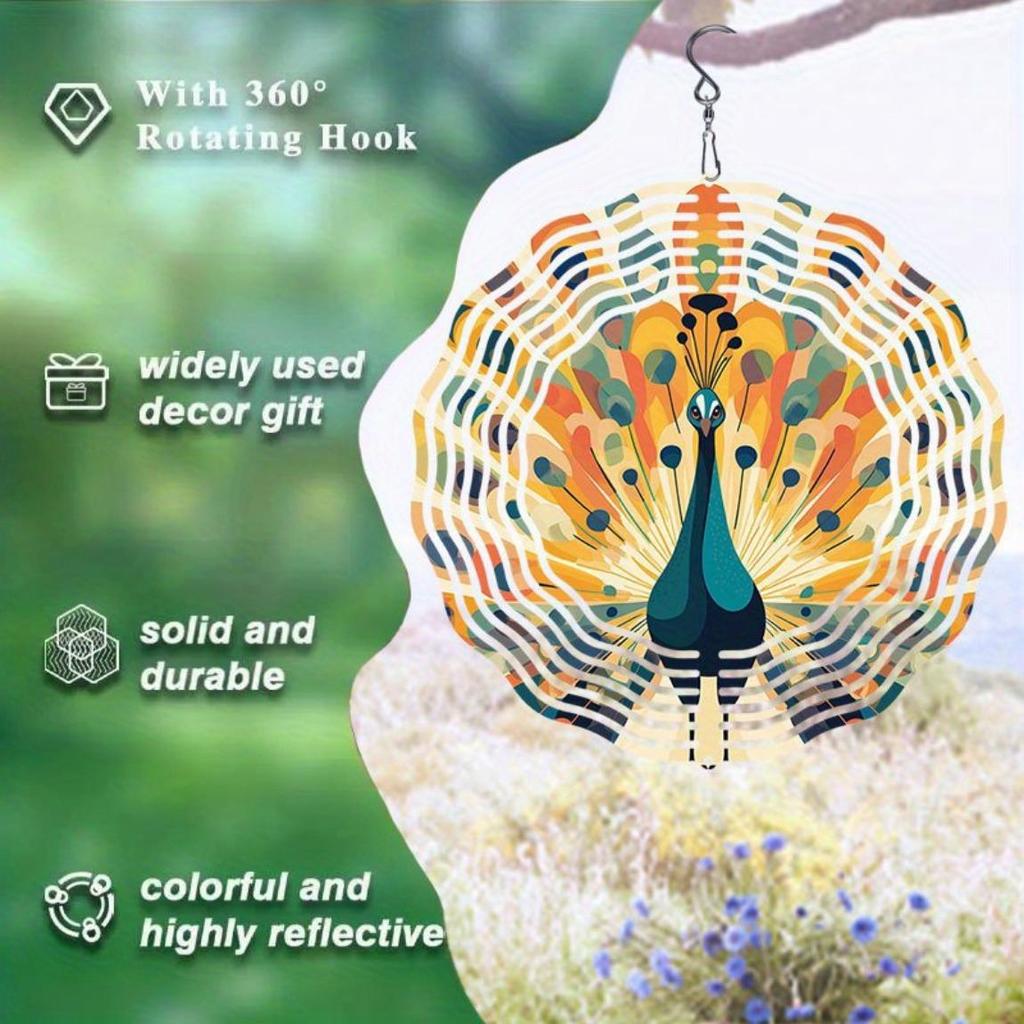 3D Metal Peacock Wind Chime – Vibrant Rotating Hook, Durable Outdoor Decor for Garden, Patio & Fall Festivals, Battery-Free Hanging Ornament