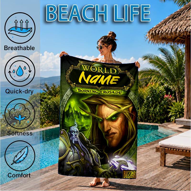 Custom Name World Warcraft Beach Towel Microfiber Beach Towel, Lightweight and Quick-Dry, for Summer Travel, Swimming Pool Gift