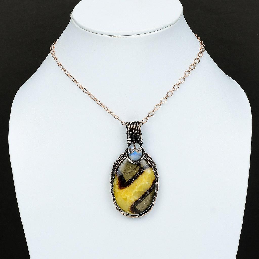 Септарианский кулон, обернутый медной проволокой, ювелирное изделие, радужный лунный камень, драгоценный камень, кулон в подарок для нее, обернутый медной проволокой, кулон ручной работы