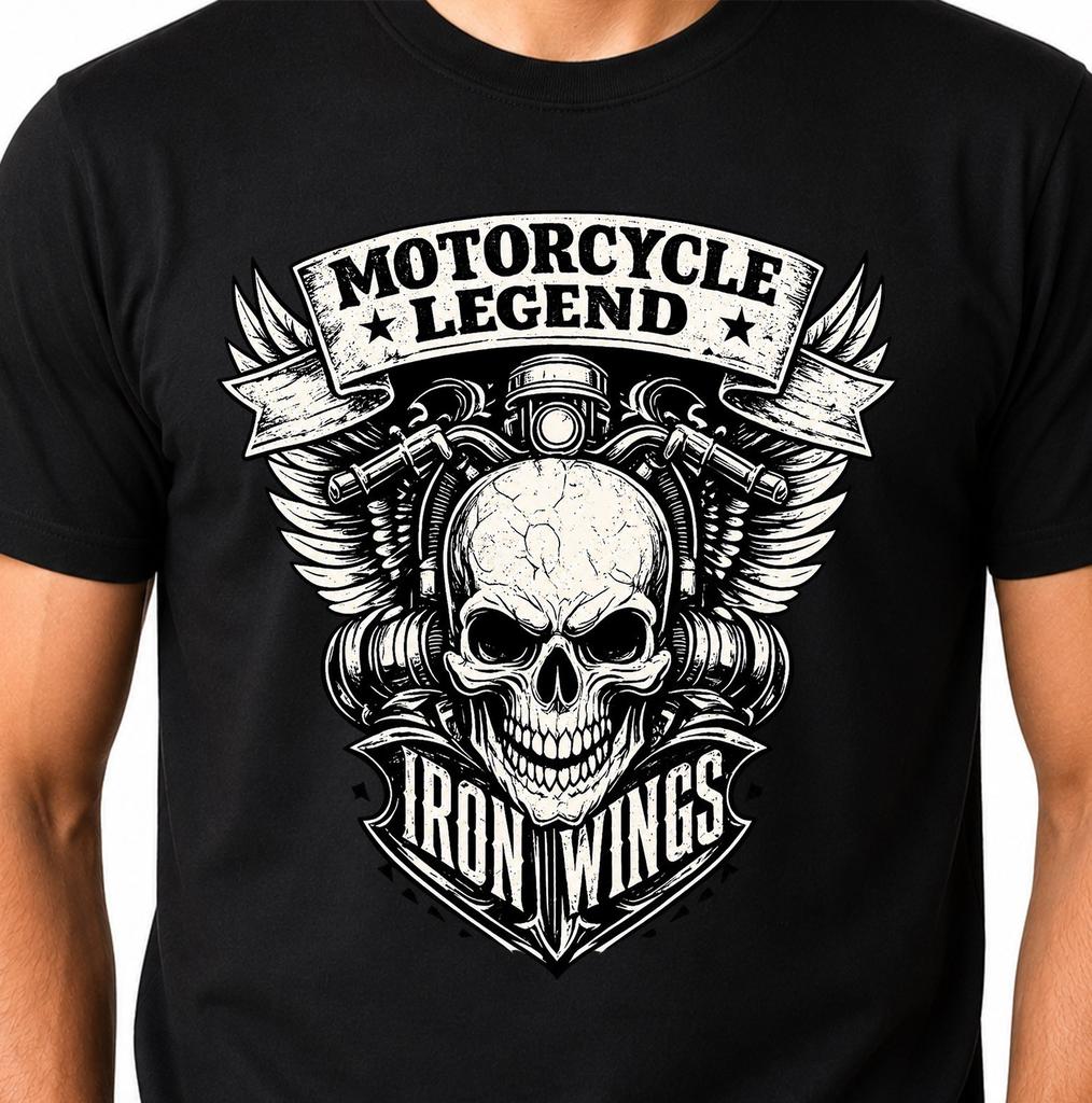 Motorcycle Legend Iron Wings Skull Handlebars Biker Vintage Graphic T-Shirt.