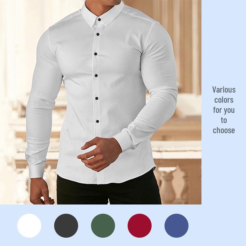 Мужская повседневная универсальная рубашка с длинным рукавом на весну/осень - Спортивная, привлекательная, однотонная, деловой стиль, отложной воротник