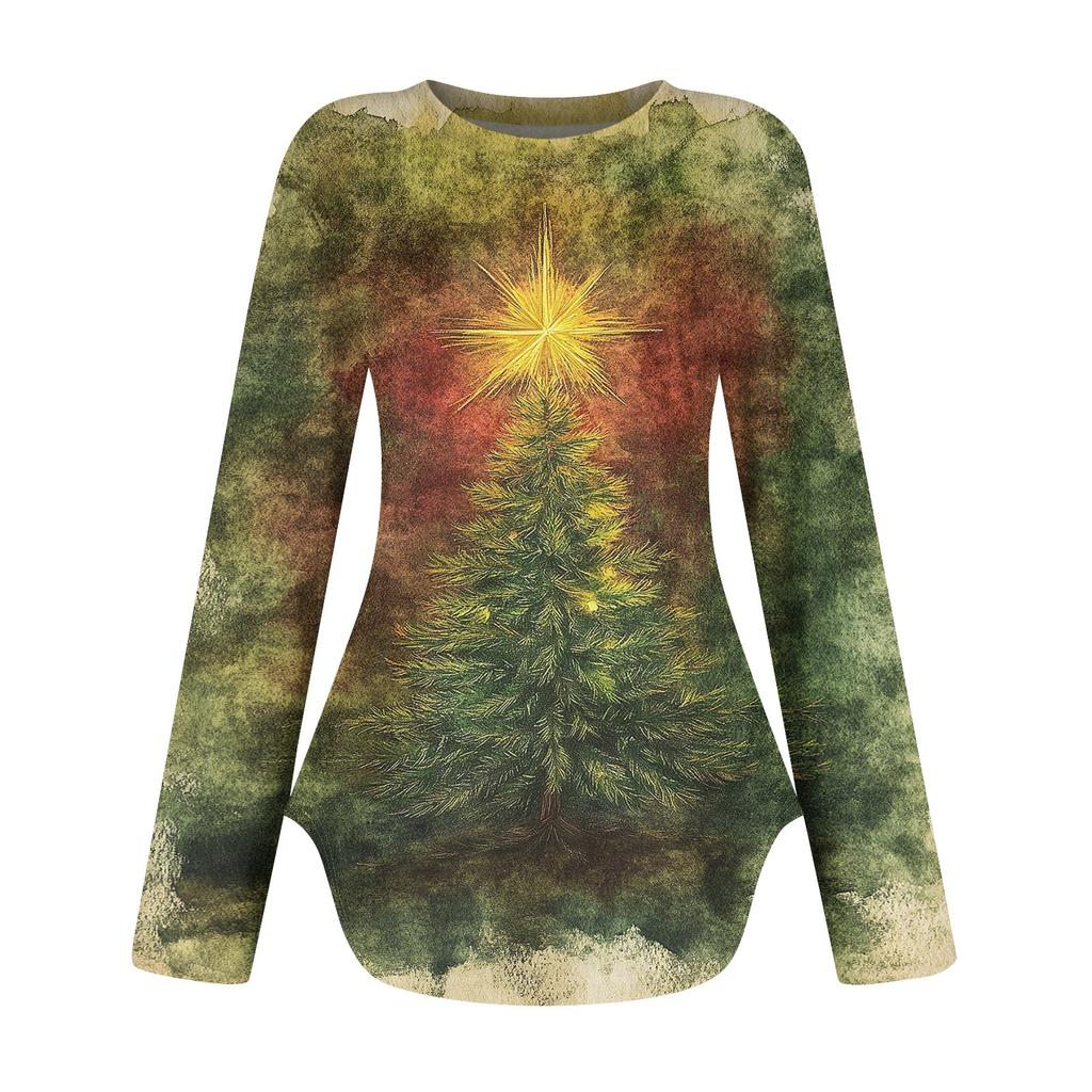 Womens Long Sleeve Round Neck Shirts Side Split Basic Loose Tunic Tops Christmas Print  Casual Shirts