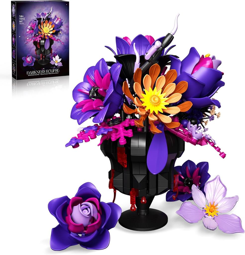 Purple Flowers Building Set, Rose Bouquet Black Compatible with Lego Botanical Collection Gothic for Adults Women Home Office Decor