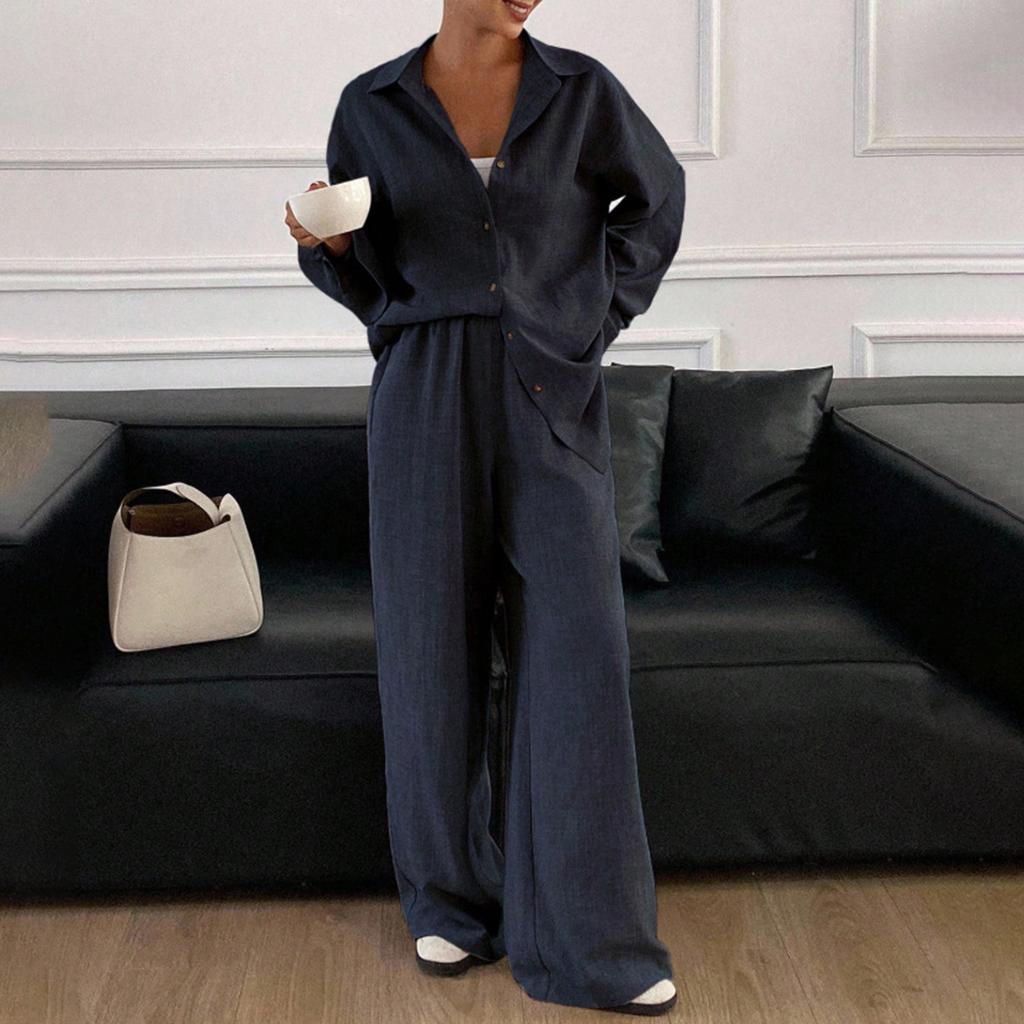Женский повседневный костюм свободного кроя, хлопковая и льняная рубашка с длинным рукавом, брюки, комплект из двух предметов