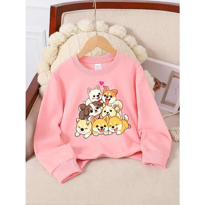 Европейские размеры Девочки Свитшот с круглым вырезом Милые щенки Собаки Стопка Игривый, Мягкий Уютный Пуловер, Теплый Повседневный Наряд