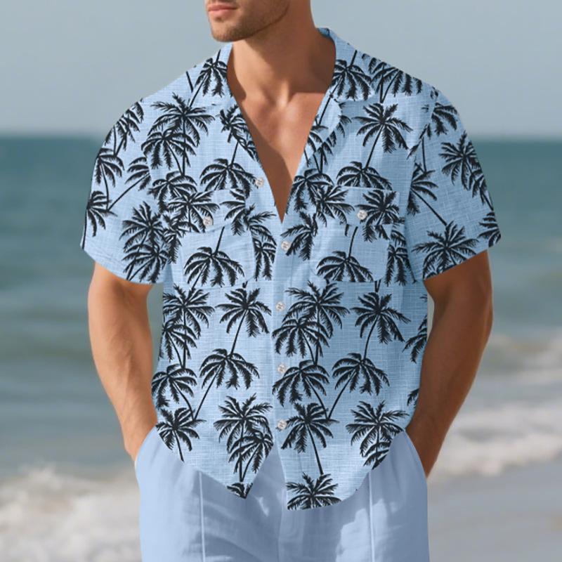 Summer men's beach short-sleeve shirt, coconut tree print, loose-fitting Hawaiian vacation shirt for men