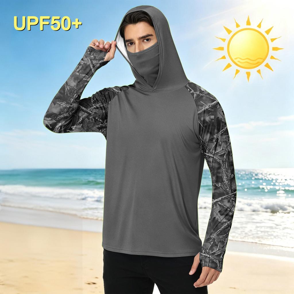 Men's Casual Outdoor Camouflage Print Hoodie Long Sleeve Sun Protection Shirt Lightweight Quick Dry Breathable Fabric for Hiking Fishing