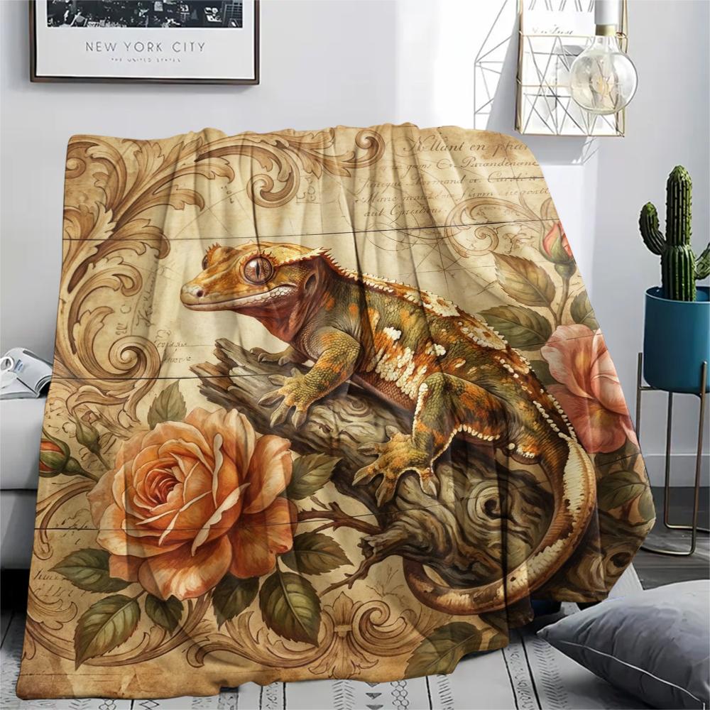 1PC Retro Floral Animal Print Flannel Blanket, High quality All Seasons, Home Decor, Warmth and Comfort, Perfect for Christmas Gifts