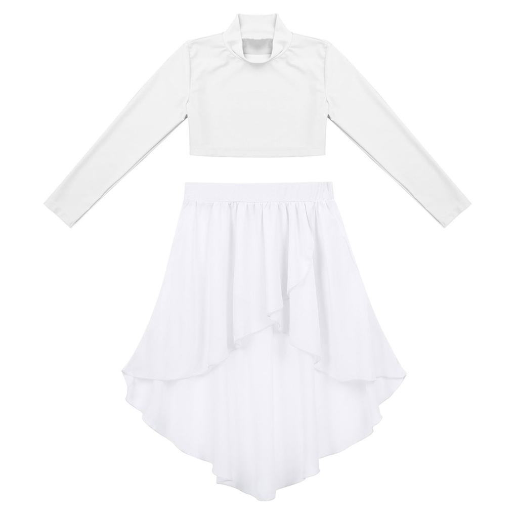 Детские танцевальные костюмы, укороченный топ с длинными рукавами и высокая низкая шифоновая юбка, комплект для детей, девочек