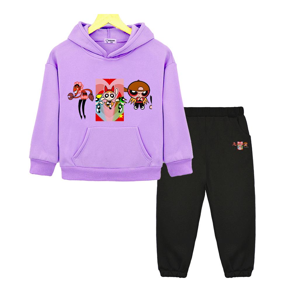 Children Clothes Powerpuff Girls Anime Hoodie Fleece Sweatshirt 2pcs Pullover+pants Sport Hooded Sets Girl Outfit Boy Clothing