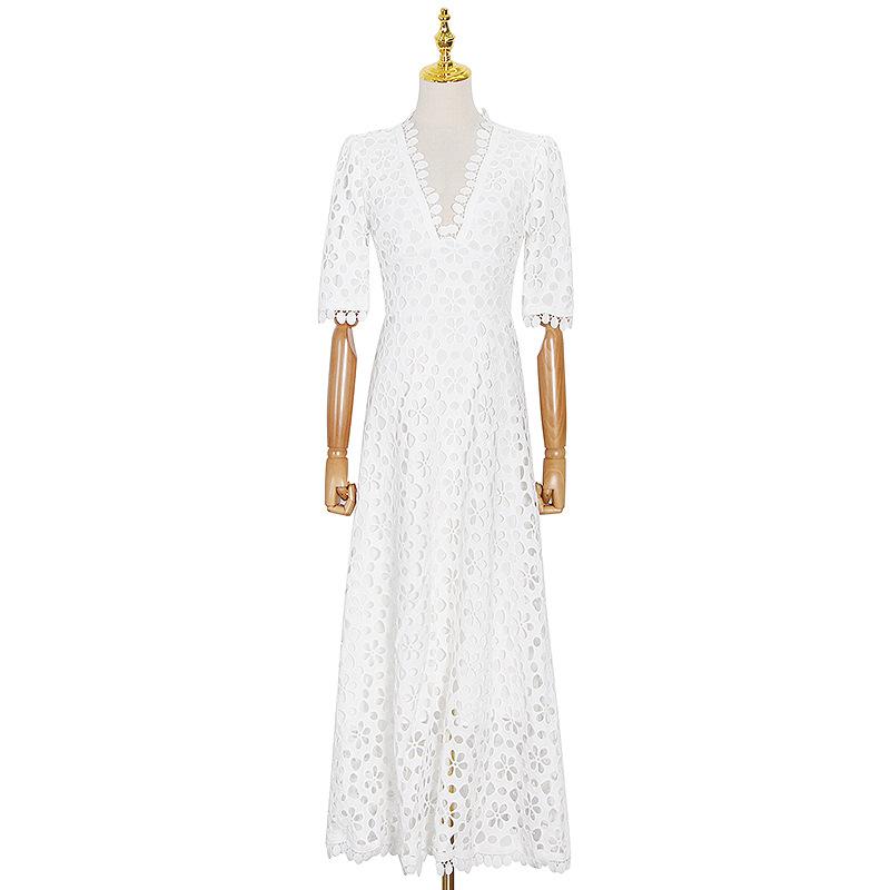 Temperament Long Women's Summer V-neck Waist Crochet Hollow French Solid Colour Swing Dress
