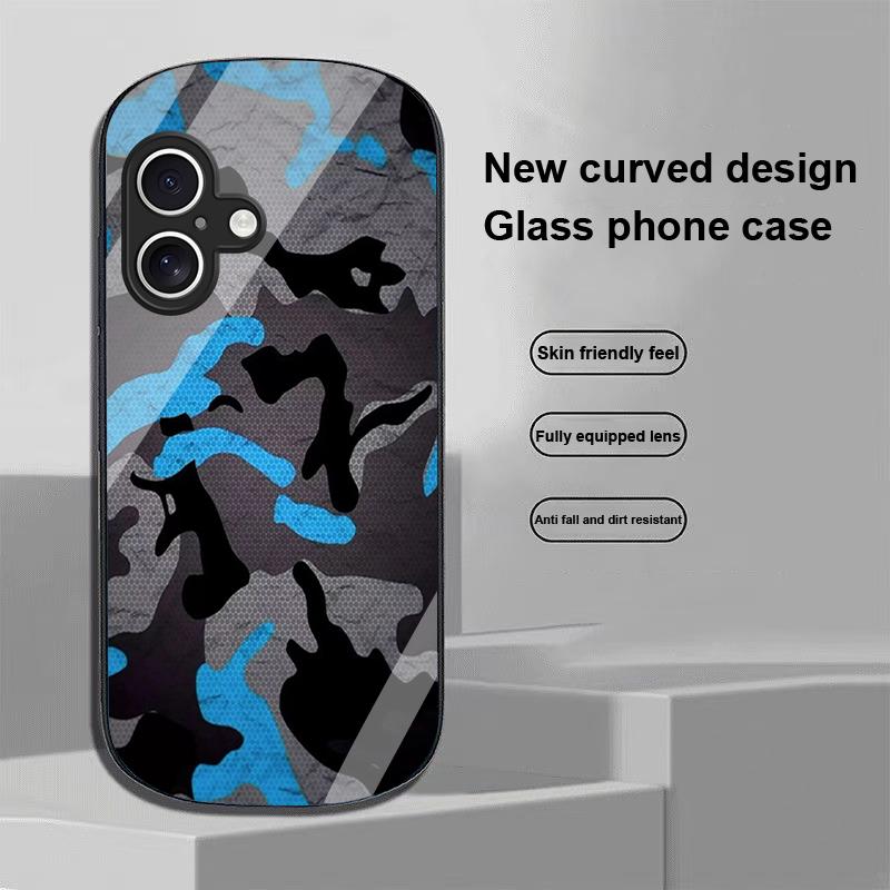 Камуфляжный синий Для Apple IPhone 16 11 13 15 14 Pro Max 12 Mini 7 8 Plus XR X XS Эллиптическая форма Закаленное стекло Чехол для телефона