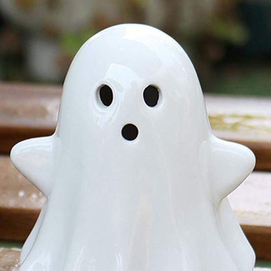 2 Pcs Ceramic Ghost Figurine Light-Up White Ghost Statue Small LED Ghost Halloween Tabletop Sculptures for Indoor Table Tray Shelf Bedroom Decor