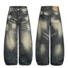Mens Loose Wide-Leg Jeans Vintage Washed Distressed Bamboo Slub Lightning Streetwear Denim Pants