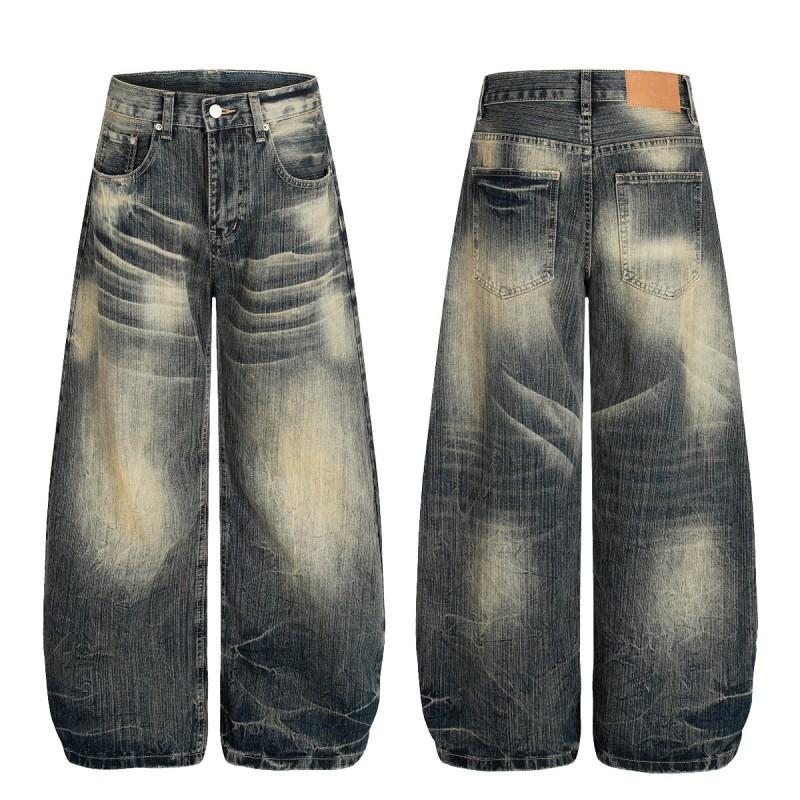 Mens Loose Wide-Leg Jeans Vintage Washed Distressed Bamboo Slub Lightning Streetwear Denim Pants