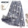 Luxury Woman Skirts Korean Style Fashion Elastic Waist Appliques Embroidery Floral Mesh Skirt Long Gauze Ball Gown Skirt