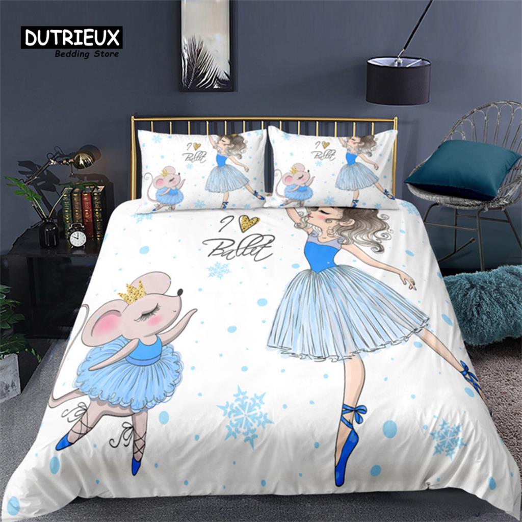 Cartoon Ballet Girl Toddler Bedding Set For Kids Teen Girls Microfiber Modern Swan Cat Unicorn Print Duvet Cover Bedroom Decor