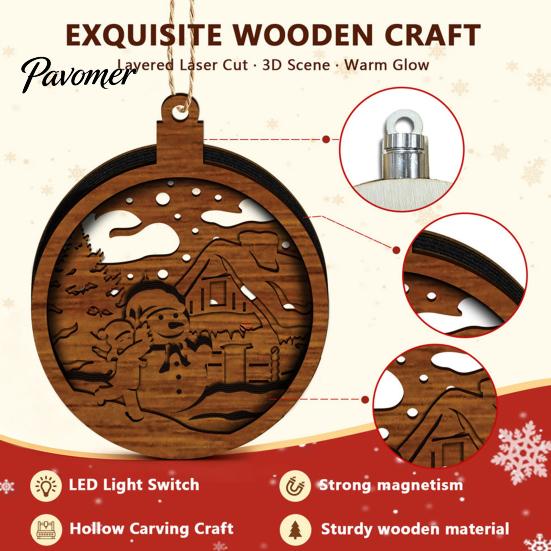 Holiday Atmosphere Hanging Crafts 3D Wooden Light Up Christmas Ornament, Layered House Tree Snowman Exquisite Gift Ornaments Nativity Scene Decoration