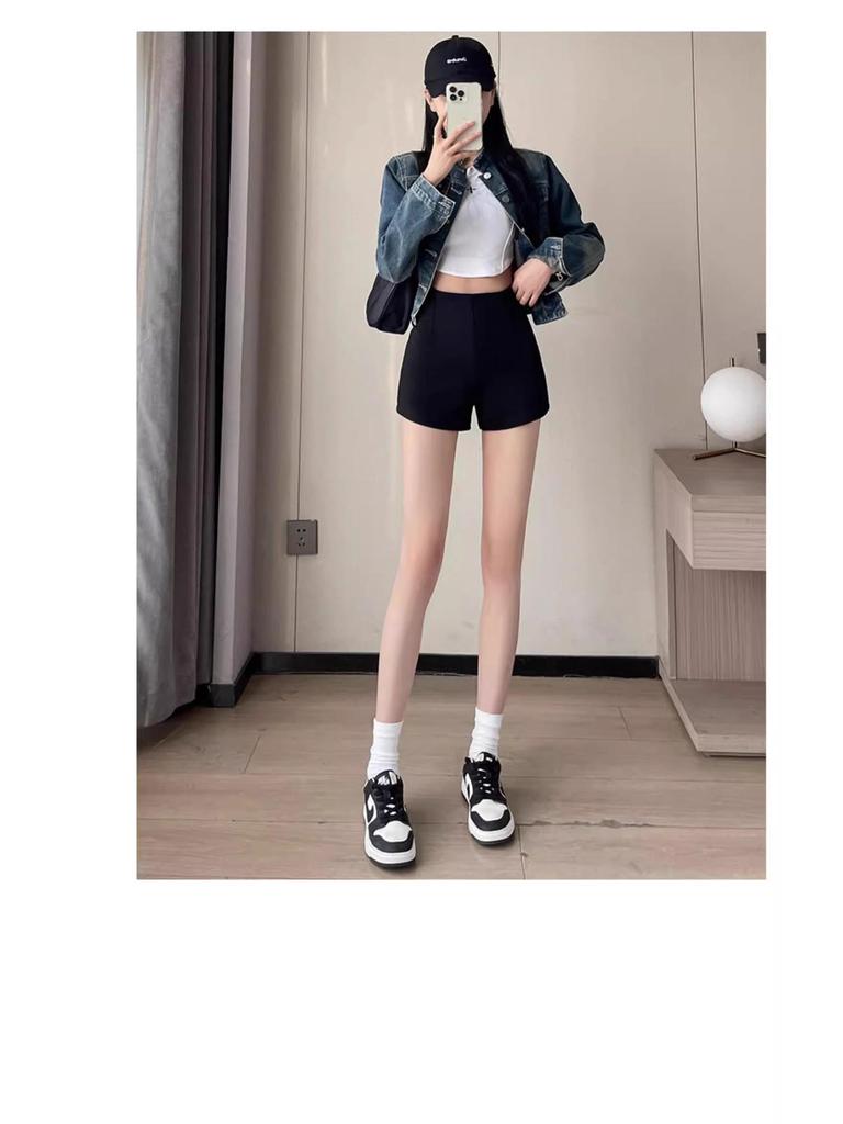 2025 Женские шорты с высокой талией, утягивающие, черные - Летние повседневные мини-шорты