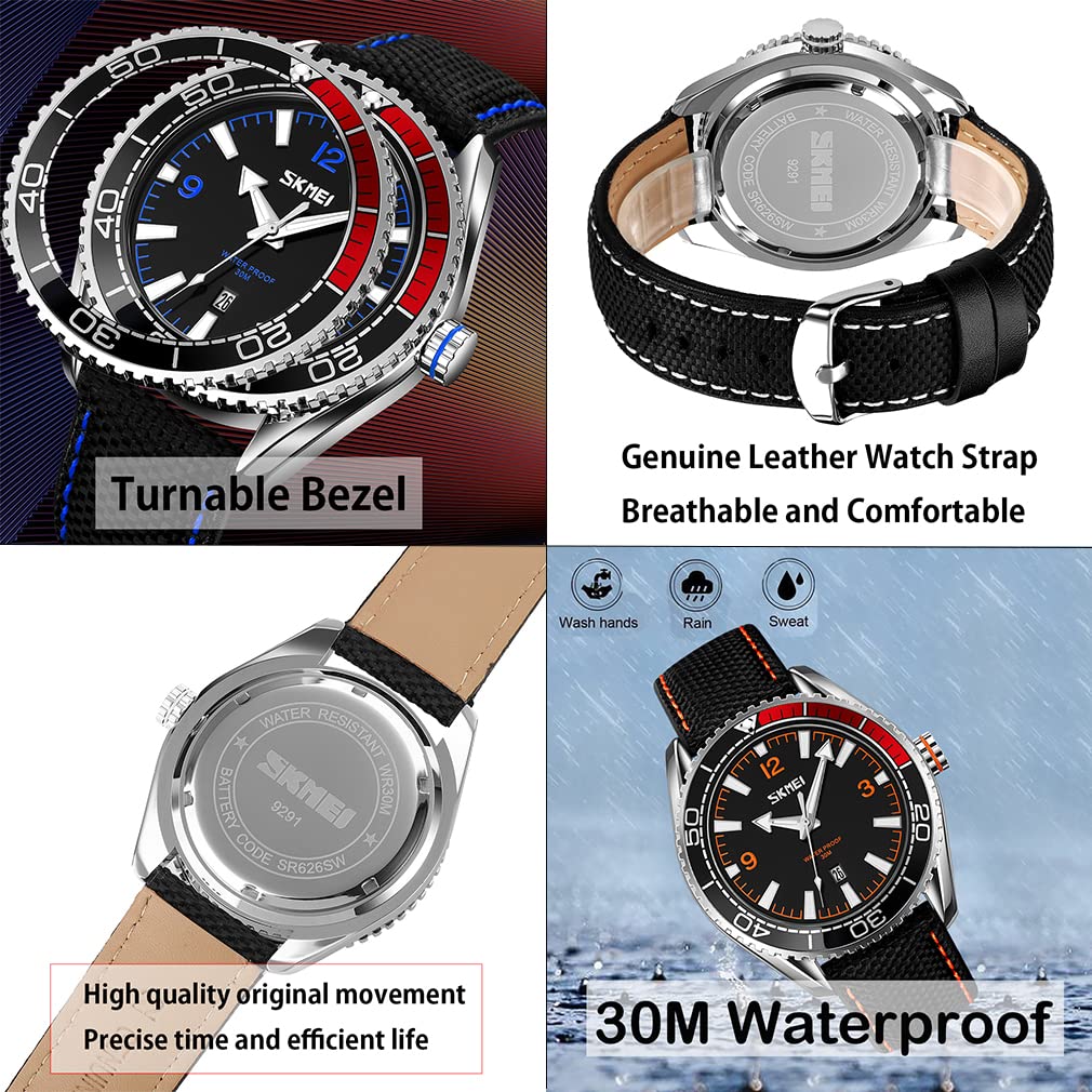 SKMEI Watch Sports Black Arm Watch Watch Стильные фирменные часы с кожаным ремешком Водонепроницаемые Большие повседневные деловые часы с большим циферблатом Аналоговые флуоресцентные роскошные наручные часы черного цвета