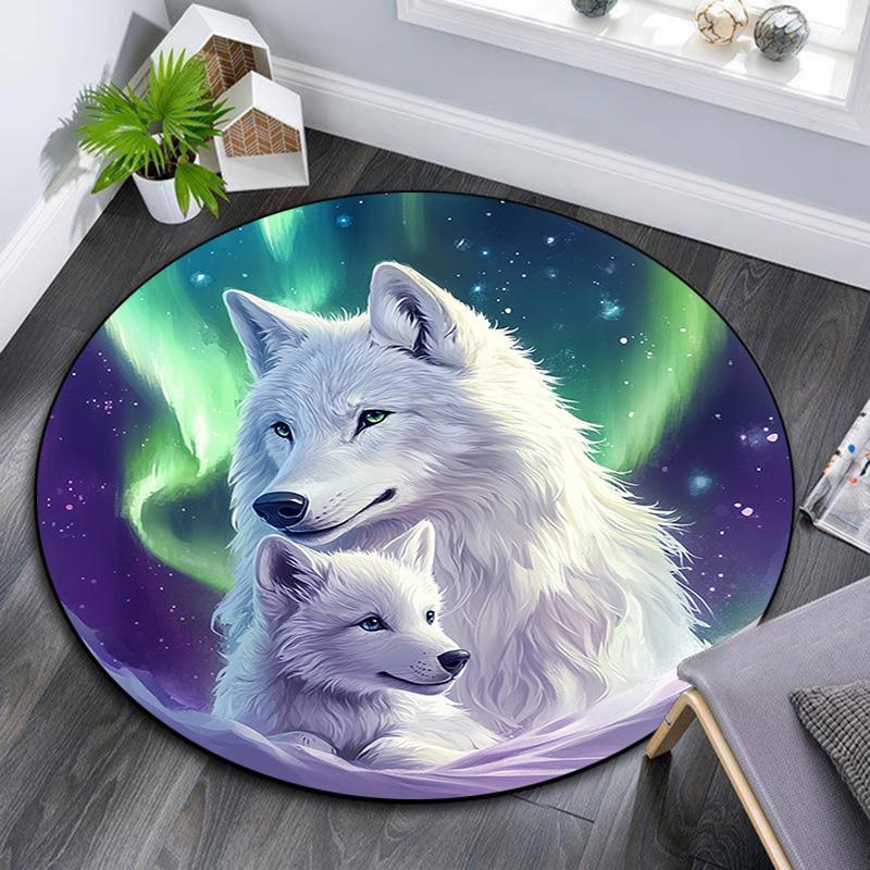 White Wolves Round Area Rug,Carpet Rug for Living Room Bedroom Sofa Playroom Decor,Non-slip Floor Mat