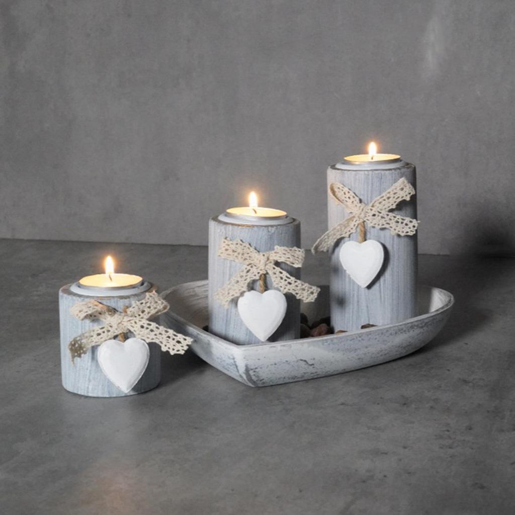 Набор деревянных подсвечников из 3 штук, подставки для чайных свечей с романтичным дизайном в виде сердец, поднос и украшение бантами для центральных элементов