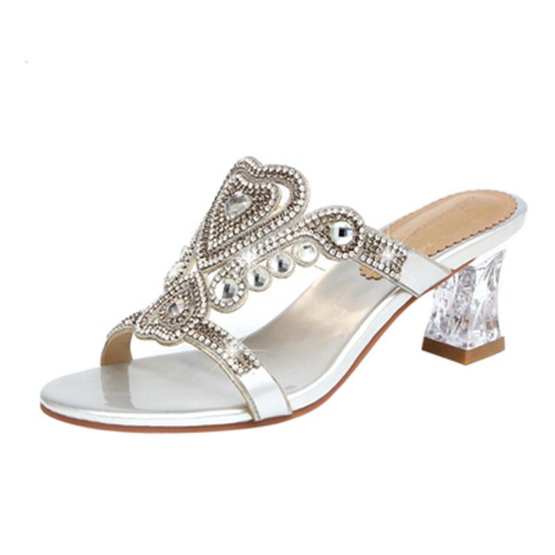 Новые модные сандалии женские сандалии с бриллиантами тапочки на высоком каблуке нескользящие туфли для банкета бриллиантовые пляжные туфли женские