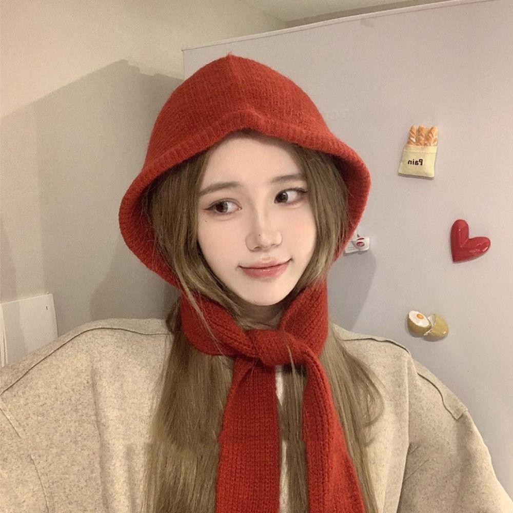 Korean Style Balaclava Skullies Caps Soft Scarf Hat Vintage Coldproof Hooded Caps  Women