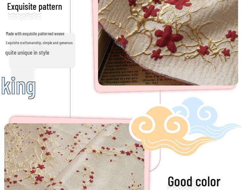 Elegant Women's Dress with Gold Embossed Thread and Red Floral Jacquard Fabric