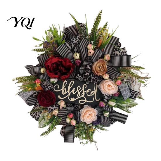 Indoor Outdoor Autumn Ornament Fall Leopard Print Wreath for Front Door, Artificial Floral with Blessed Sign, Faux Peony Flower Wall Hanging