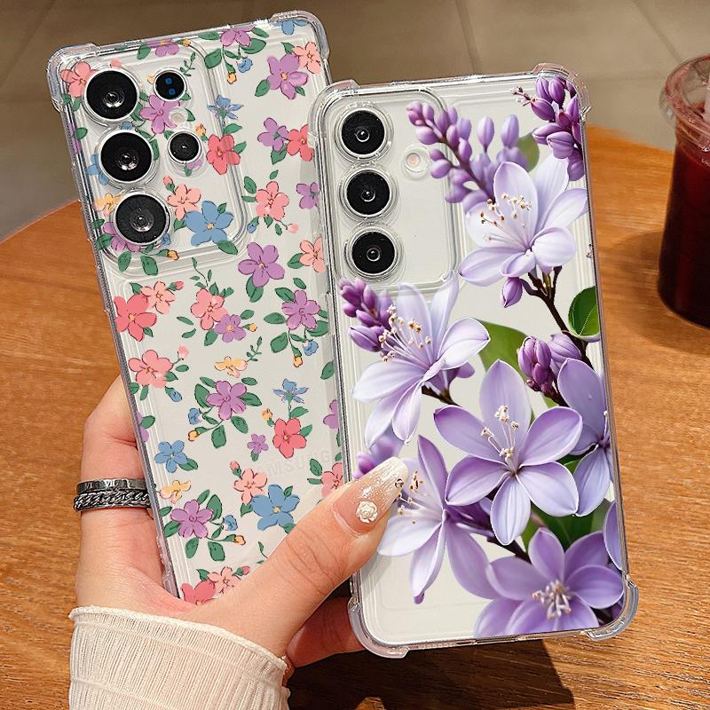 Сине-фиолетовый чехол с цветами для Samsung Galaxy S26 S25 S24 Ultra S23 S22 Plus S21 FE A54 A15 A25 A35 A55 A16 A26 A36 A56 A17 A37 A57 5G Прозрачный мягкий чехол