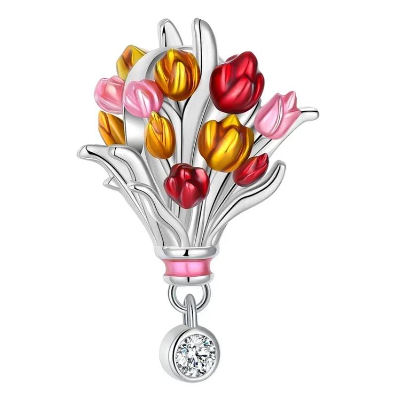 Медь Красочный Шарм Цветок Розы Тюльпаны Маргаритки Бусина Подвеска Подходит Оригинальный Ожерелье Браслет Женские Украшения DIY Подарок