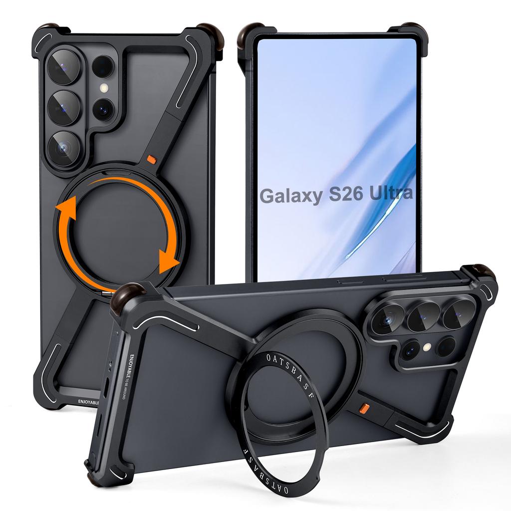 Oatsbasf для Samsung Galaxy S26 Ultra Безрамочный Металлический Бампер Z Чехол для Телефона с 360° Вращающейся Подставкой Магнитная Ударопрочная Крышка