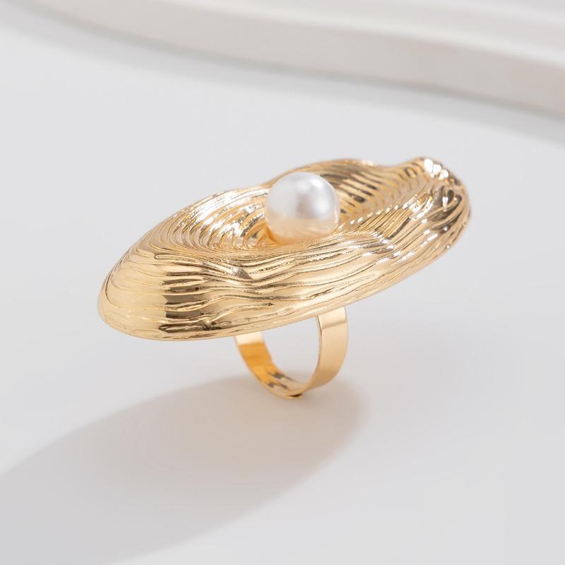 Женские кольца Модный креативный жемчуг Металлическое кольцо с отпечатками пальцев Преувеличенное большое открытое регулируемое кольцо на палец Праздничная вечеринка Ювелирные аксессуары