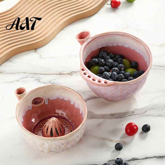 Healthy Meal Prep Gadget Ceramic Berry Swirl Washing Bowl, Self Spinning Fruit Colander Rotating with Drain Holes, Kitchen Tool for Strawberries