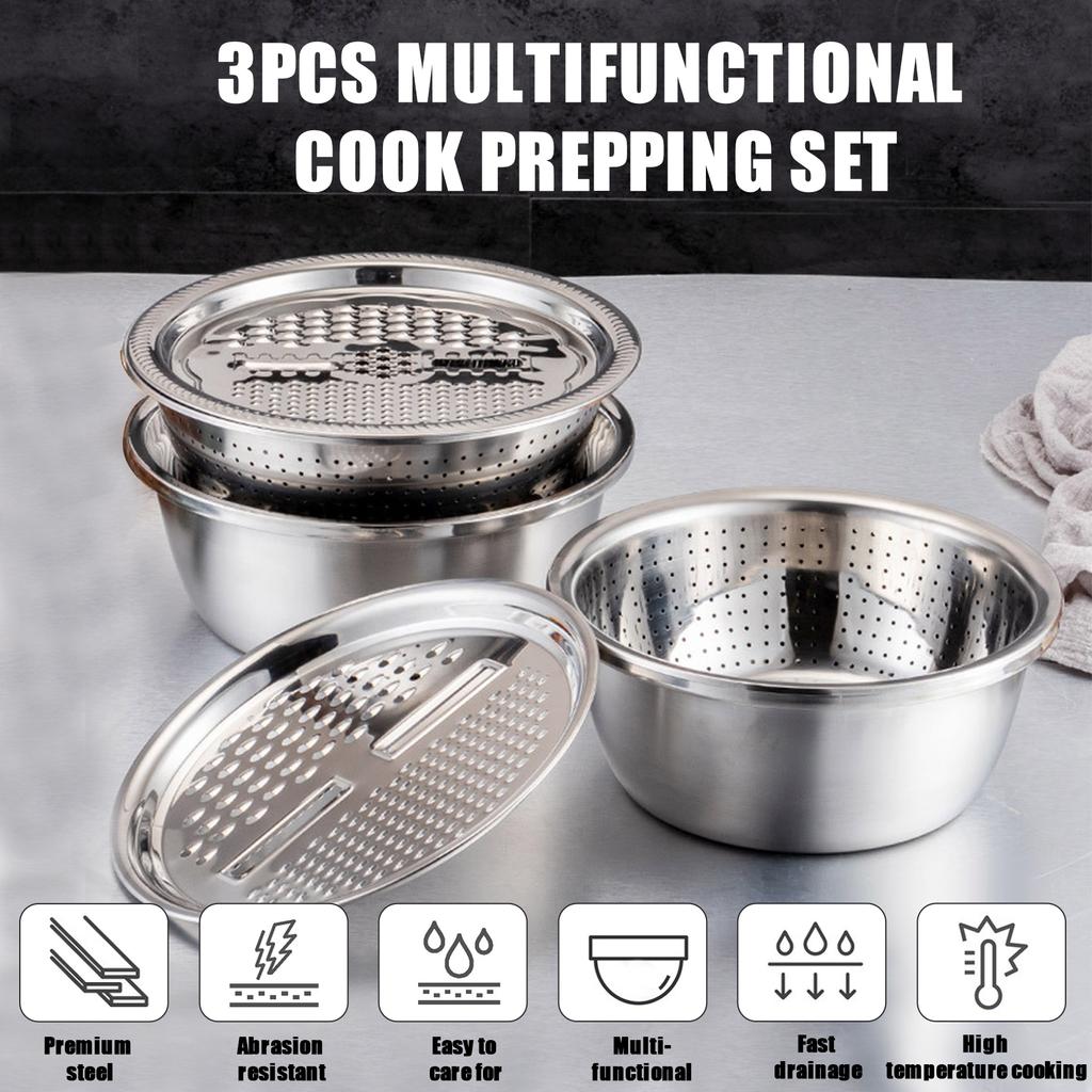 3 in 1 Kitchen Basin Grater, Colander Cutter with Strainers 10.2 Inch Stainless Steel Mandoline Rice Washing Pasta Mixing Dough Knding Bowls