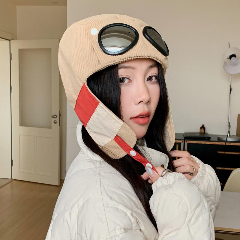 New autumn and winter hats women's velvet thermal hats, goggles, flying hats, versatile windproof ear protectors, Lei Feng hats